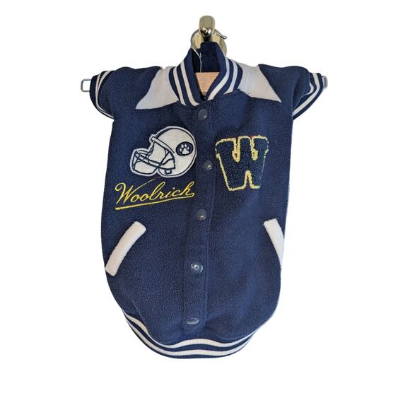 Woolrich Pet Size M Dog Varsity Football Letterman Jacket Navy Blue Sporty Retro - Picture 1 of 8